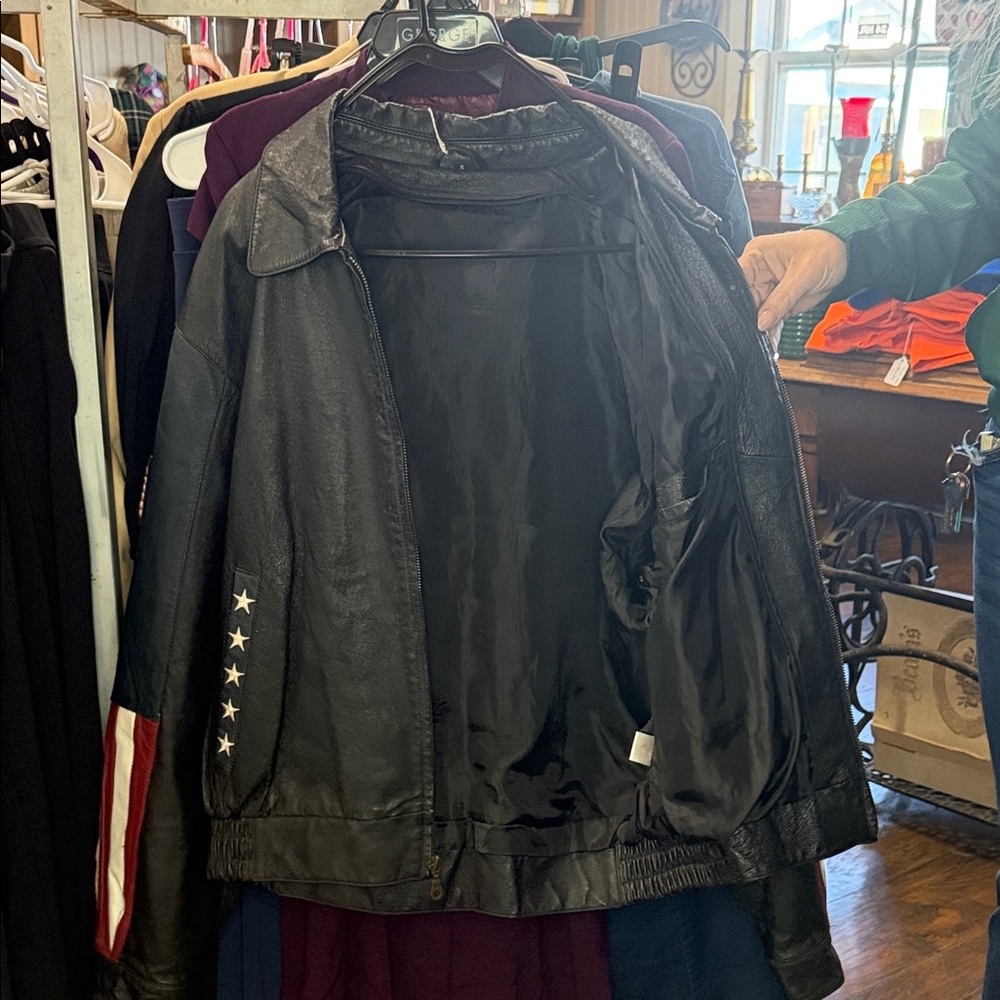 Source Unknown Black Leather Varsity Jacket with … - image 5